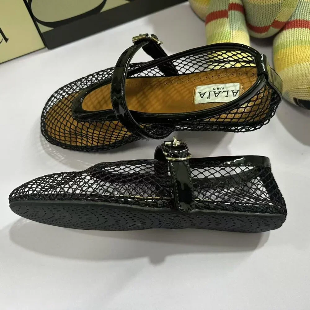 Alaïa Black Patent Leather Mesh Mary Jane Flats